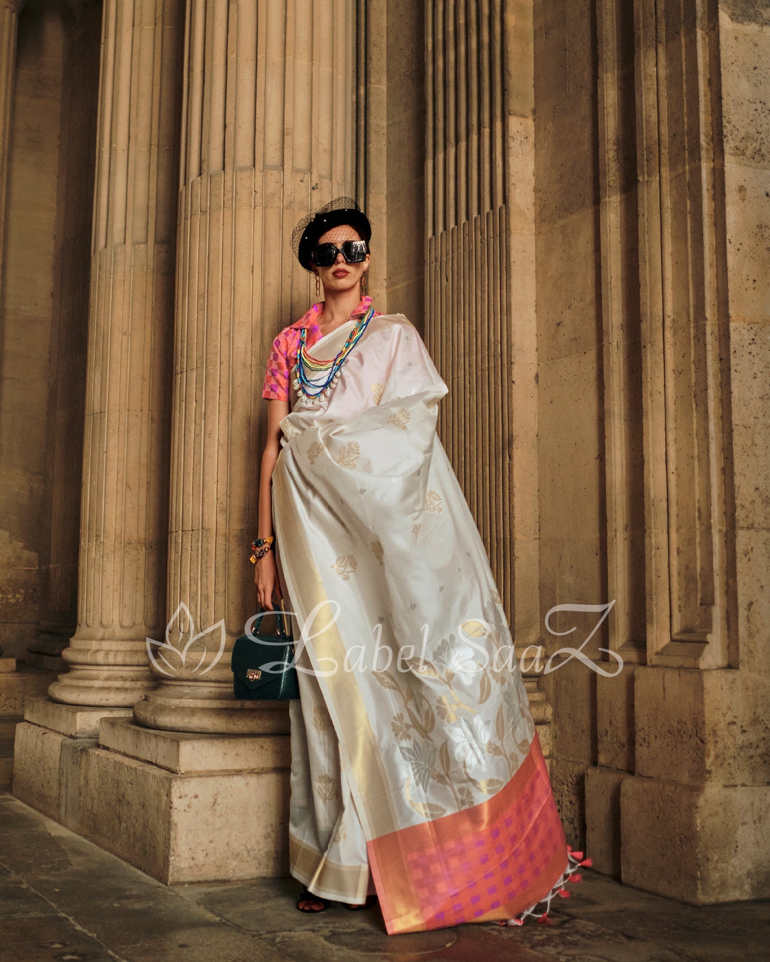 White Peach Soft Handloom Silk Weaving Saree