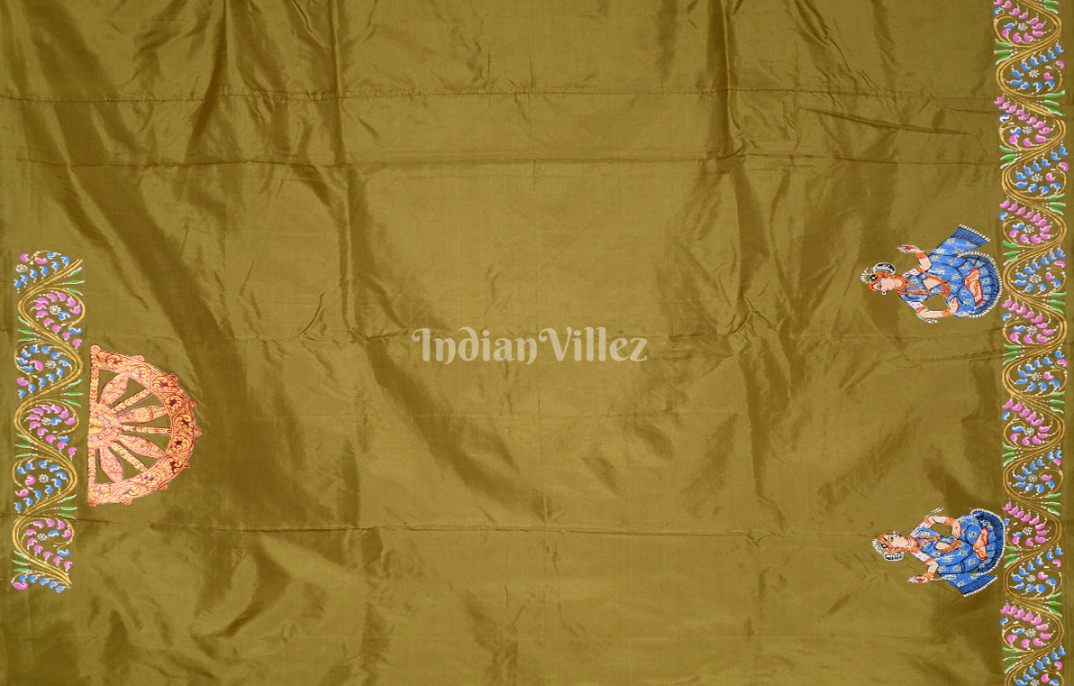 Pink Mehendi Green Nartaki Konark Temple Hand-Painted Pattachitra Saree