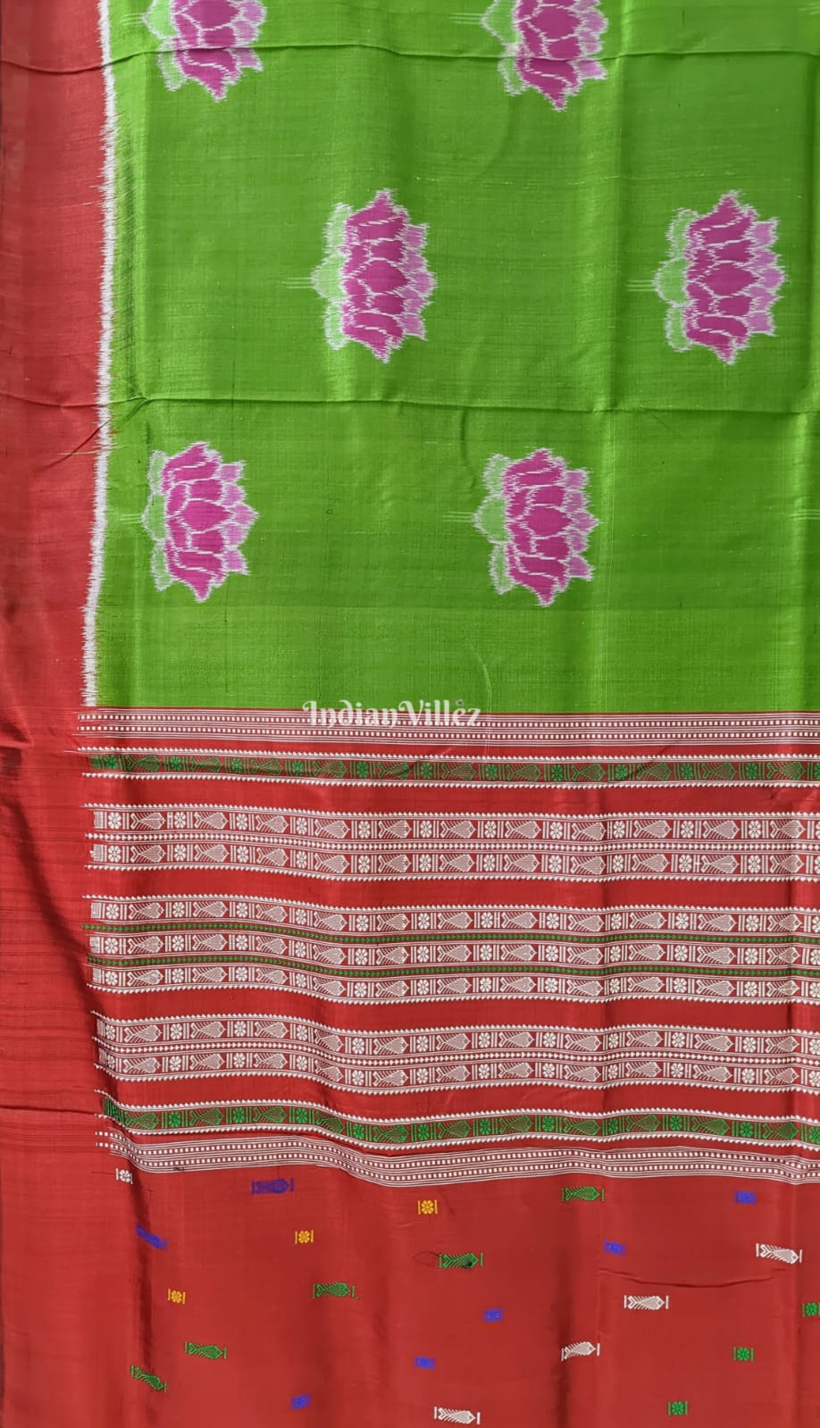 Green with Pink Lotus Odisha Handloom Contemporary Silk Saree