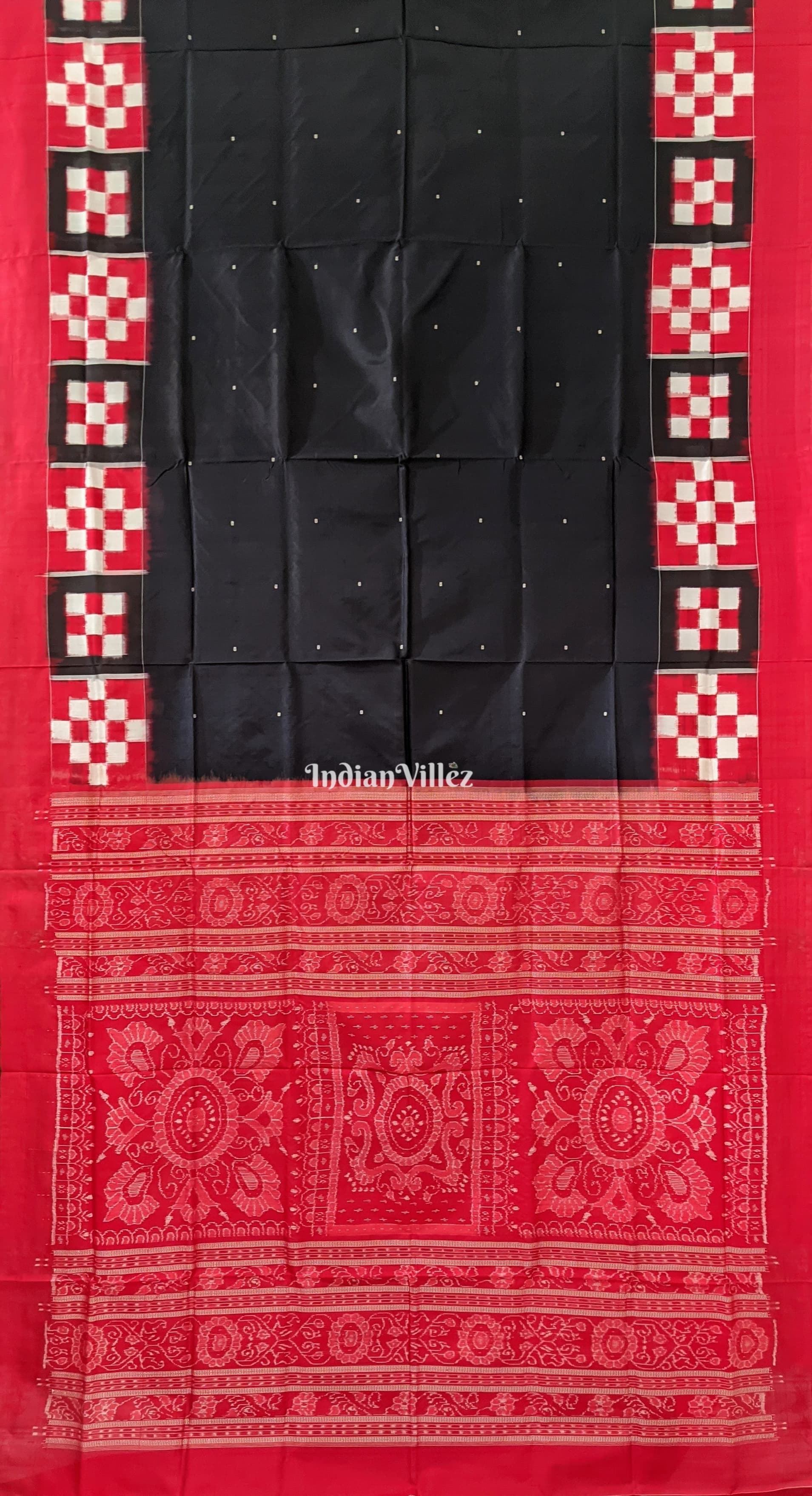 Black Red Jhoti Pasapali Theme Sambalpuri Ikat Bomkai Silk Saree