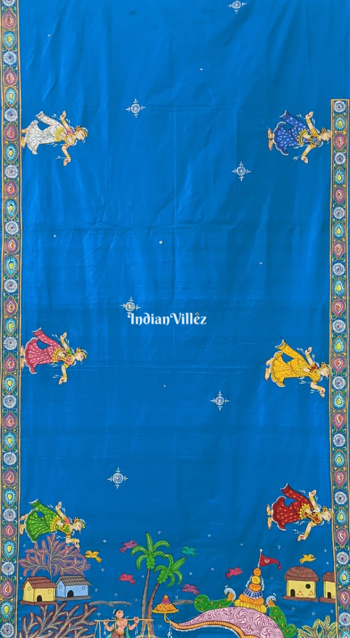 Blue Hand-Painted Pattachitra Silk Saree
