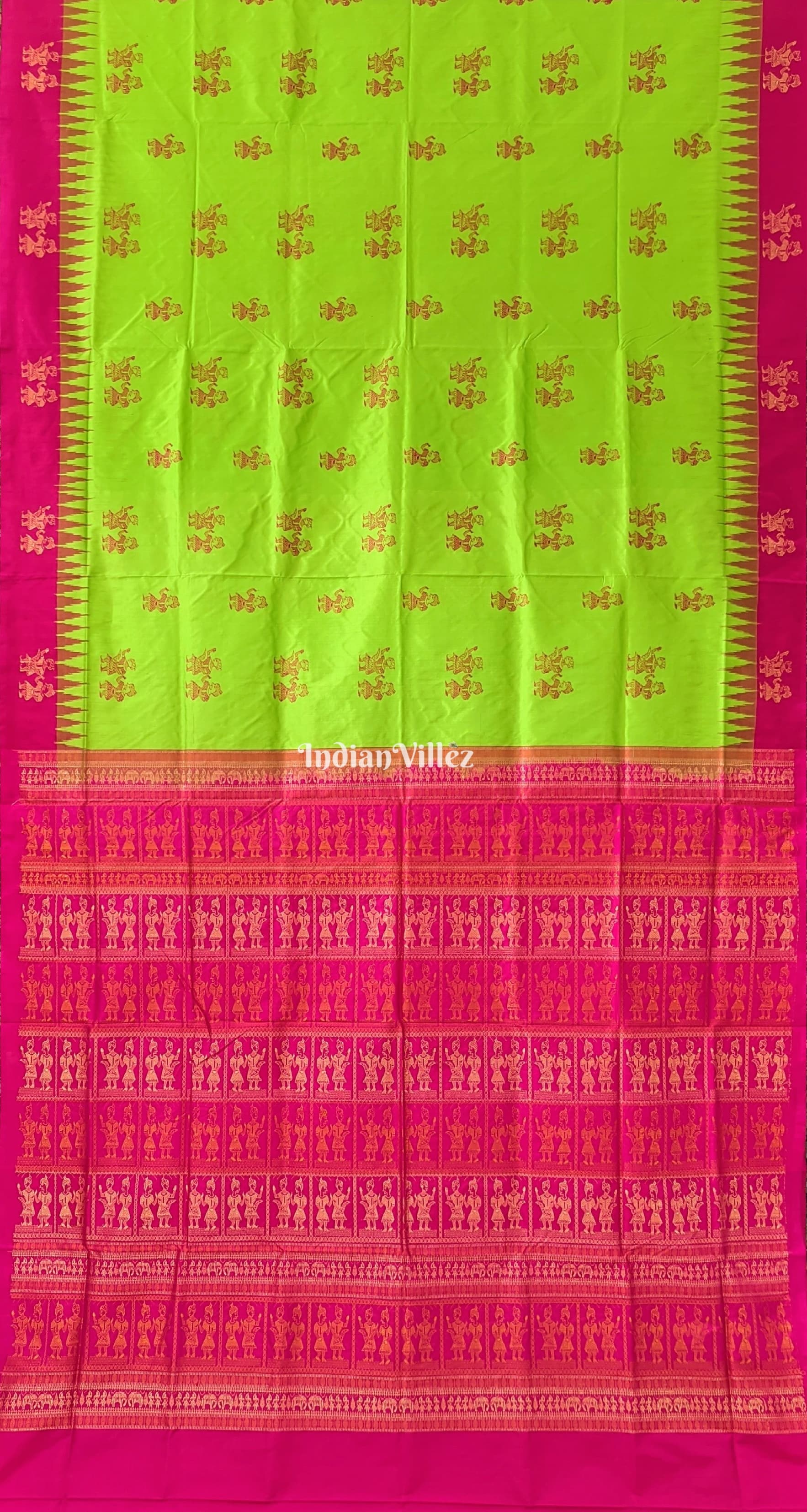 Parrot Green Pink Raja Rani Theme Bomkai Sambalpuri Silk Saree