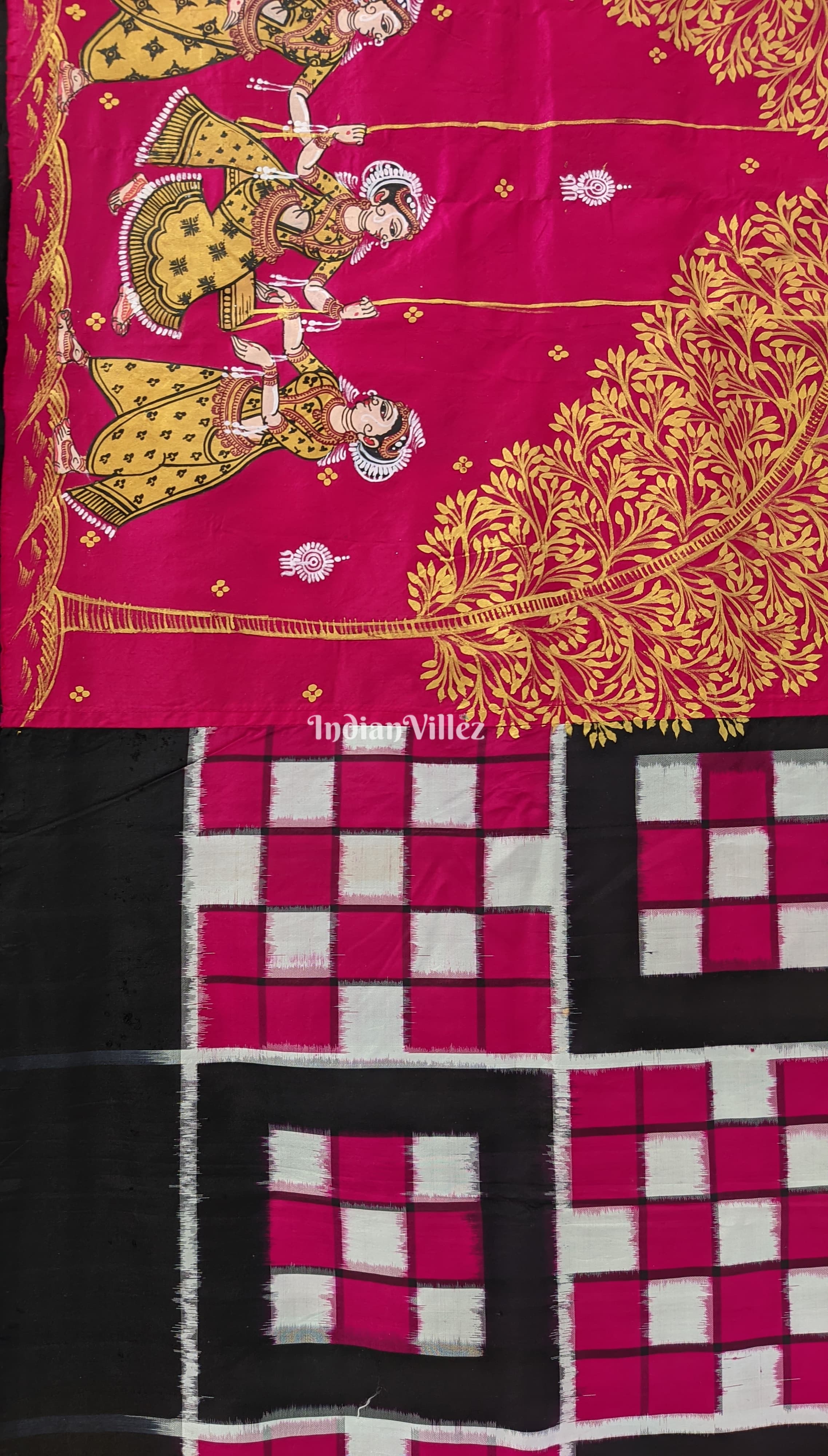 Rani Pink Sambalpuri Pasapali Raja Theme Pattachitra Silk Saree