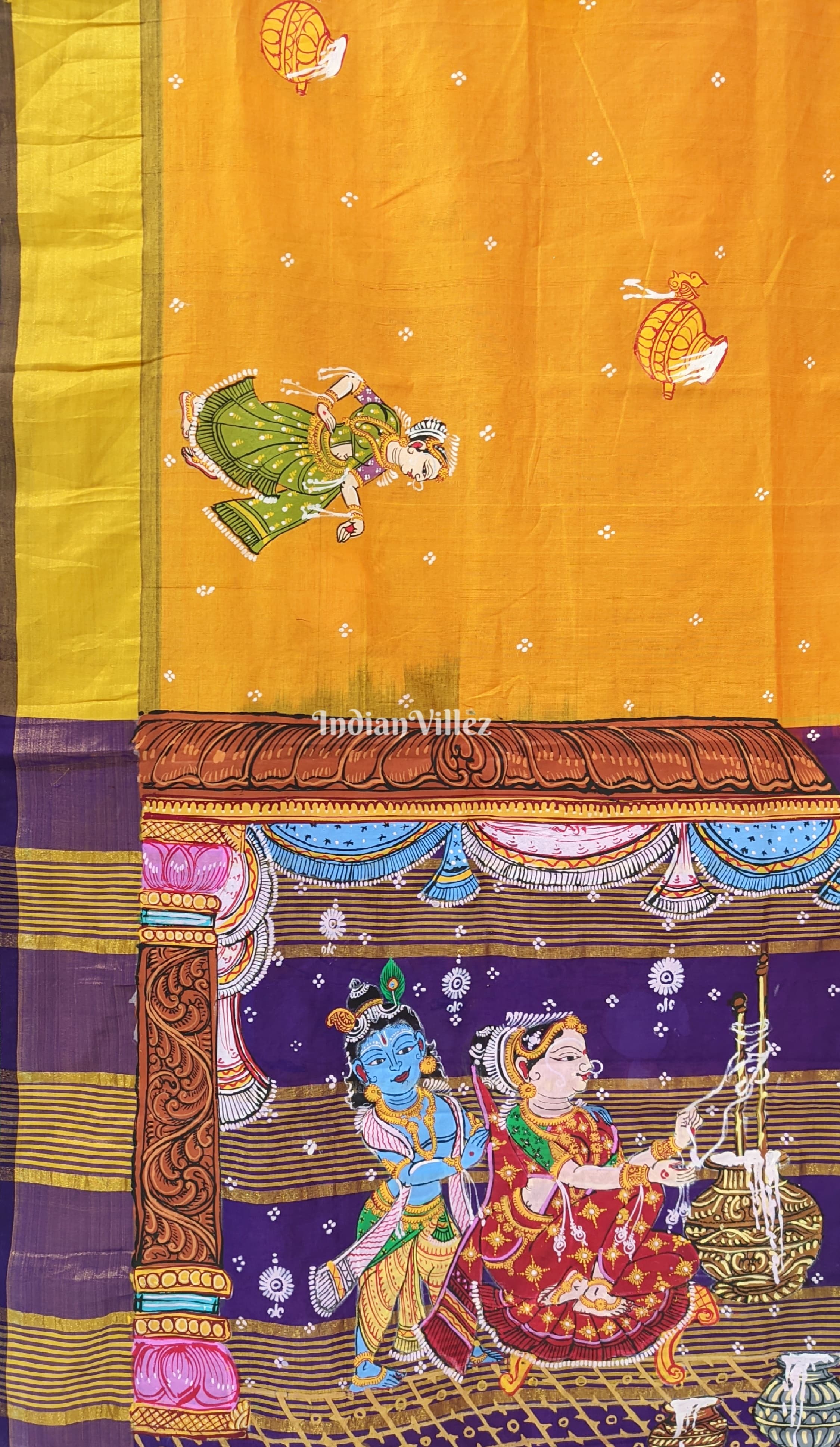 Orange Blue Krishna Theme Pattachitra Art on Kerala Silk Saree