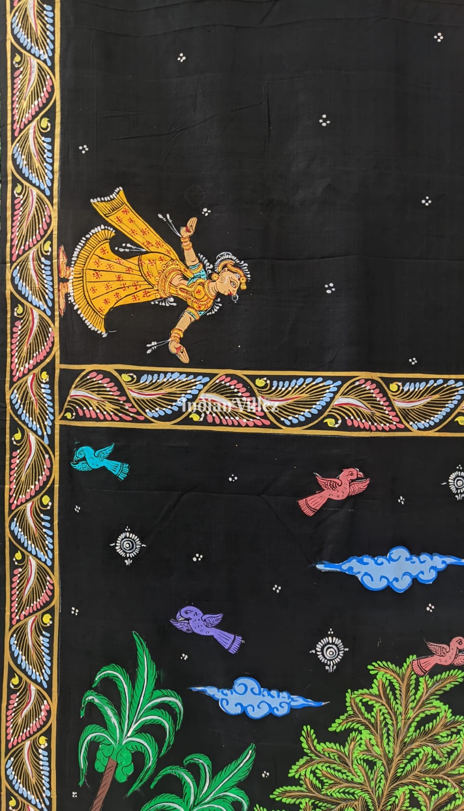 Black Mathura Vijay Theme Hand-Painted Pattachitra Silk Saree