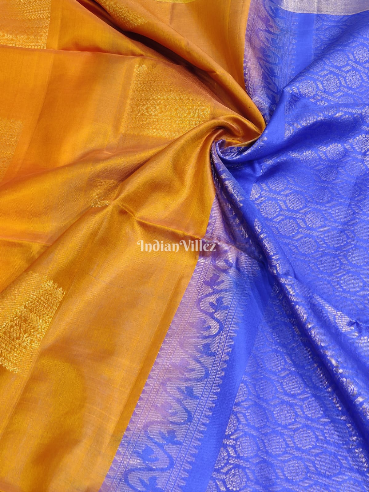 Mustard Yellow Blue Handloom Kanjivaram Soft Silk Saree