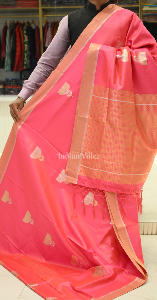 Pink Golden Zari Base Designer Lotus Saree 