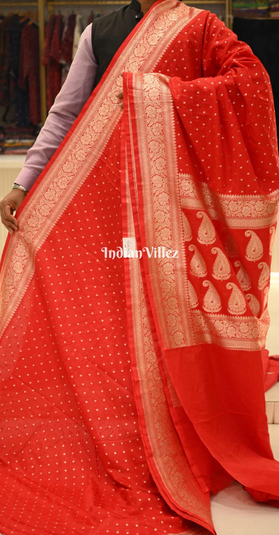 Red Pure Khaddi Gergette Banarasi with Nylon Weaving Saree