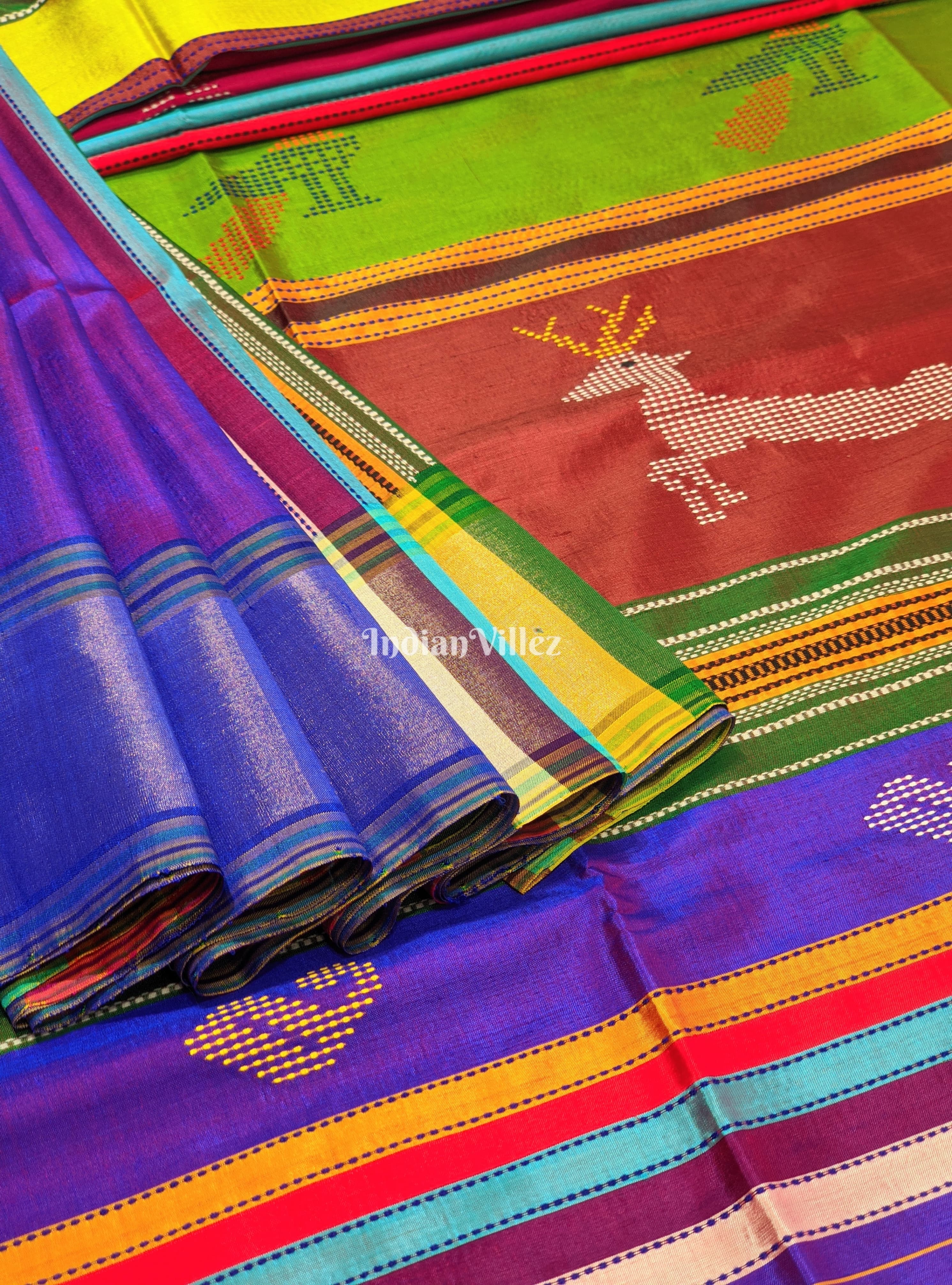 Blue with Multicolor Double Pallu Handwoven Soft Silk Saree
