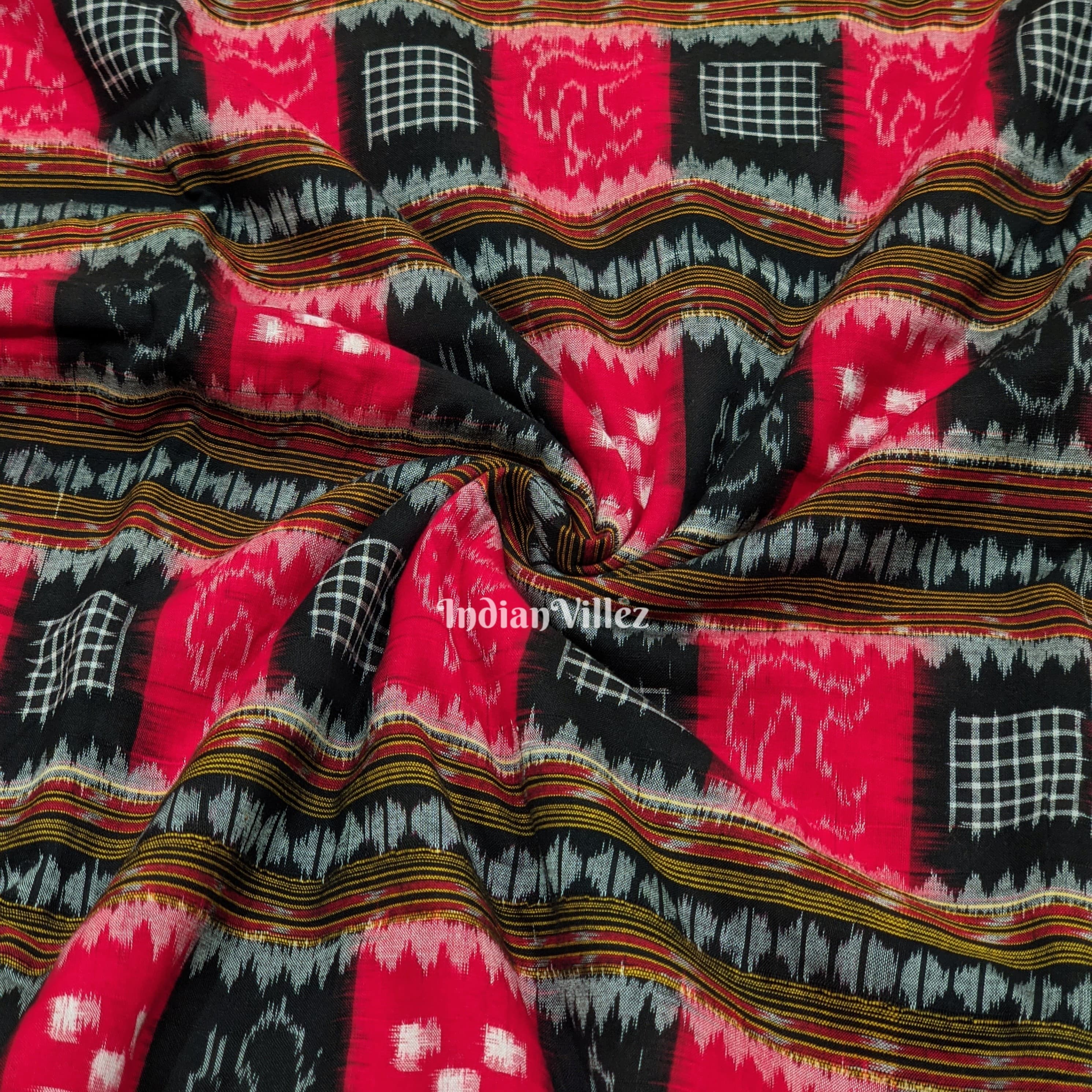 Black Red Sambalpuri Ikat Cotton Fabric