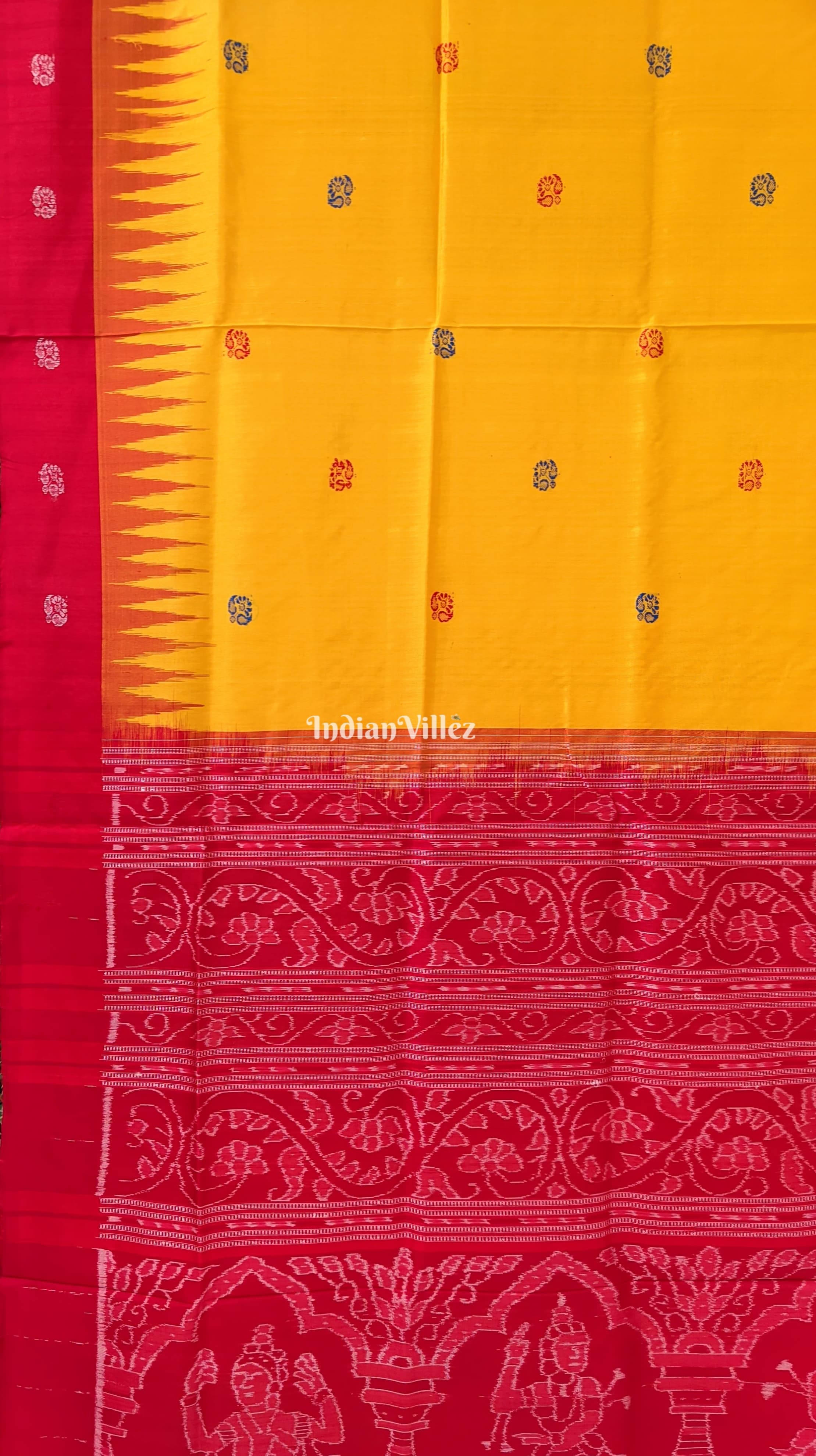 Yellow Red Flower Motif Odisha Ikat Bomkai Silk Saree