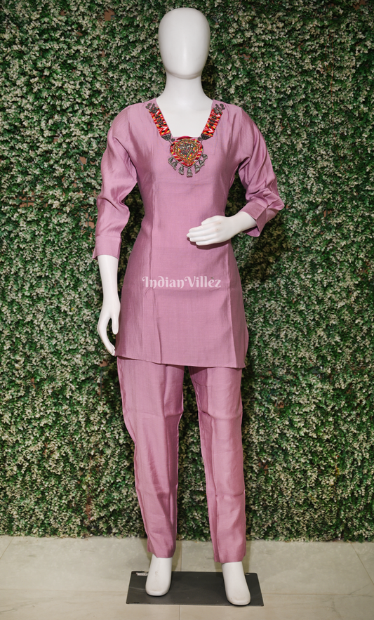 Designer Onion Pink Embroidery Kurta & Pant Set-(Co-Ords Set) 