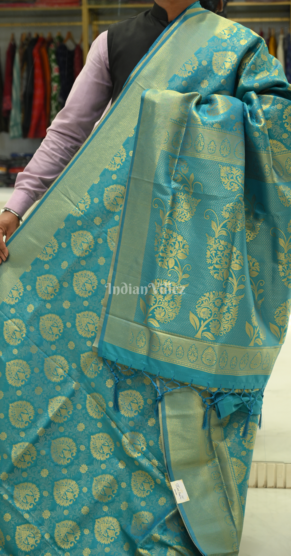 Teal Blue Floral Design Kanjivaram Silk Saree with Brocade Work