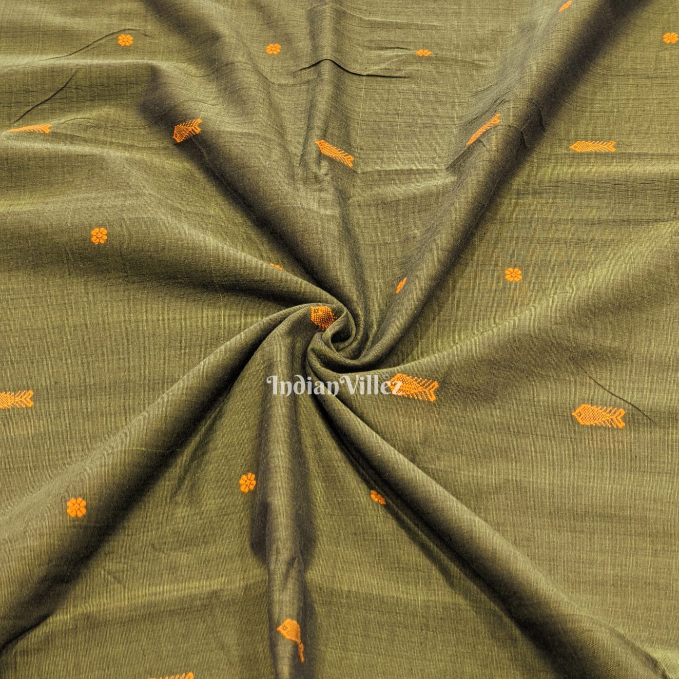 Mehendi Green Fish & Flower Motif Bomkai Cotton Fabric
