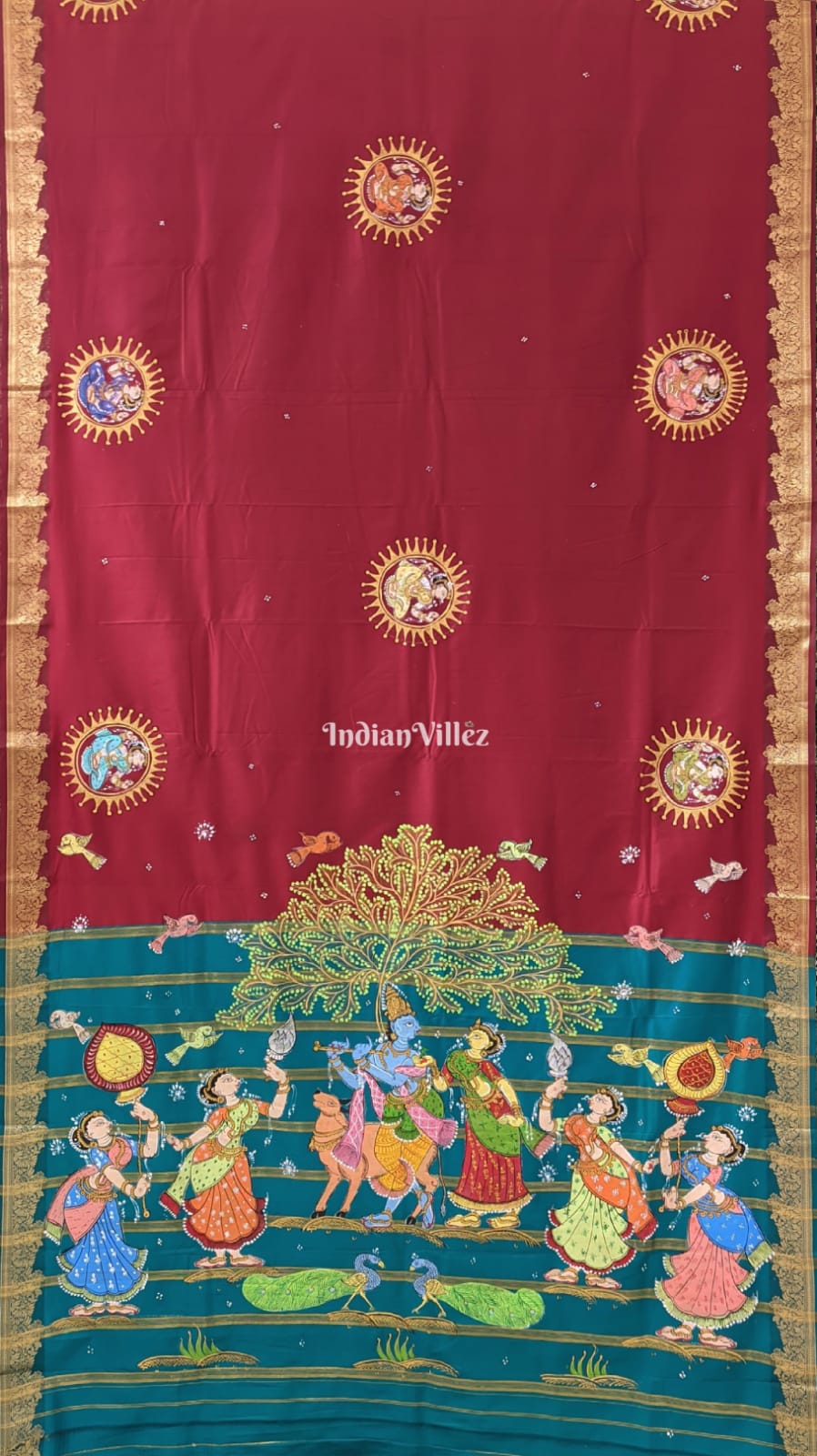 Maroon Radha Krisha Pattachitra Art on Kerala Silk Saree