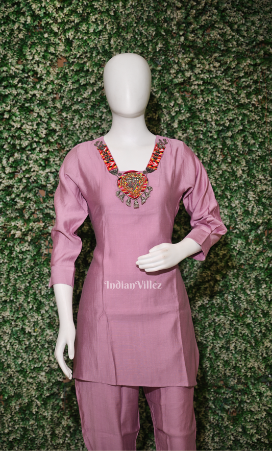 Designer Onion Pink Embroidery Kurta & Pant Set-(Co-Ords Set) 