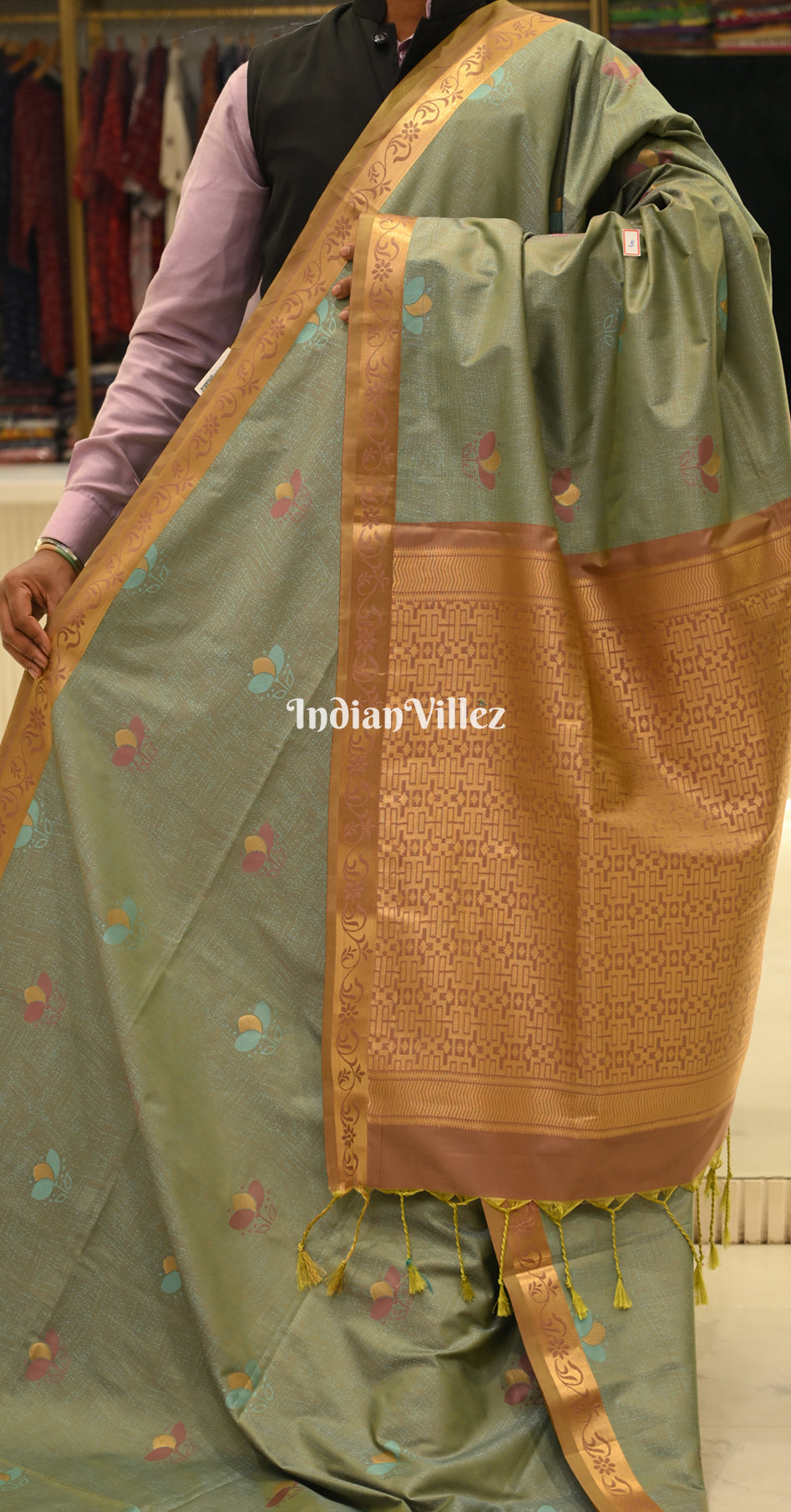 Olive Green Rust Orange Kanjivaram Silk Saree