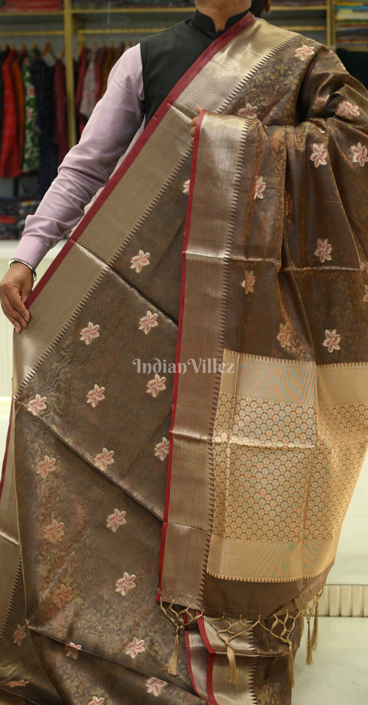 Maroon Two Tone Tissue Organza Weaving Saree
