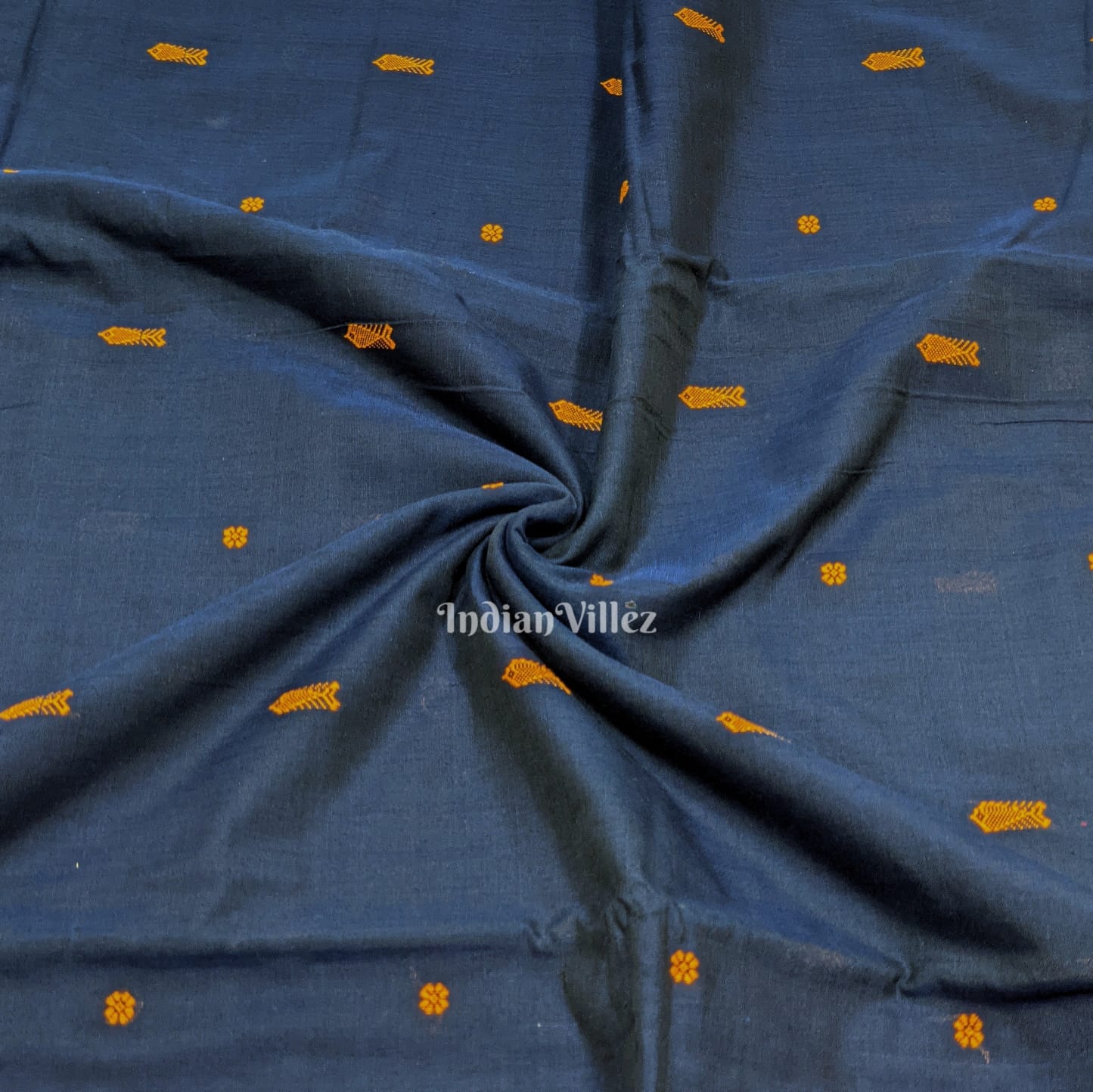 Navy Blue Fish & Flower Motif Odisha Ikat Bomkai Cotton Fabric
