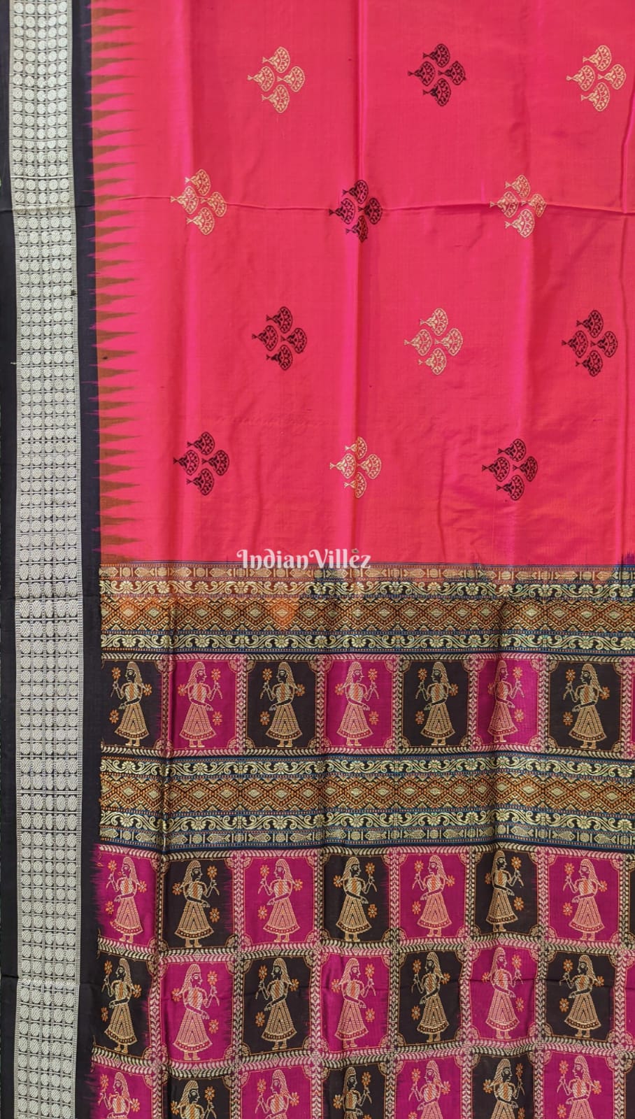 Floral Rani Dualtone Sambalpuri Silk Saree with Mushroom Motif & Nartaki Anchal