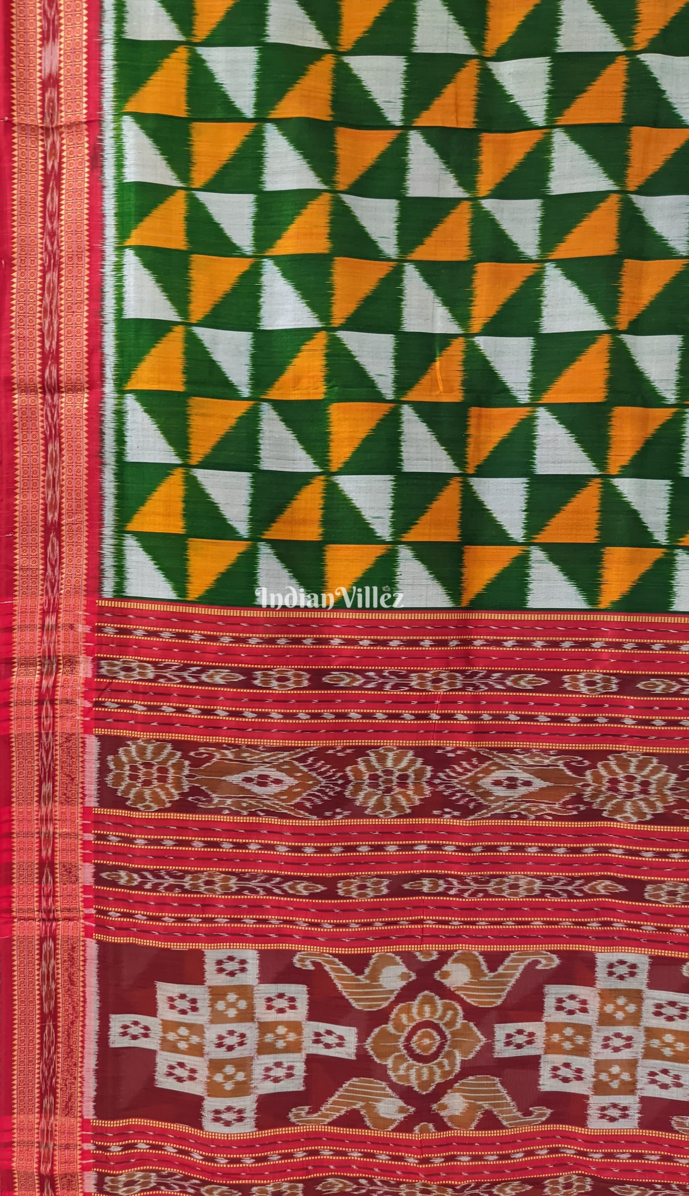 Green Yellow White Odisha Ikat Khandua Silk Saree