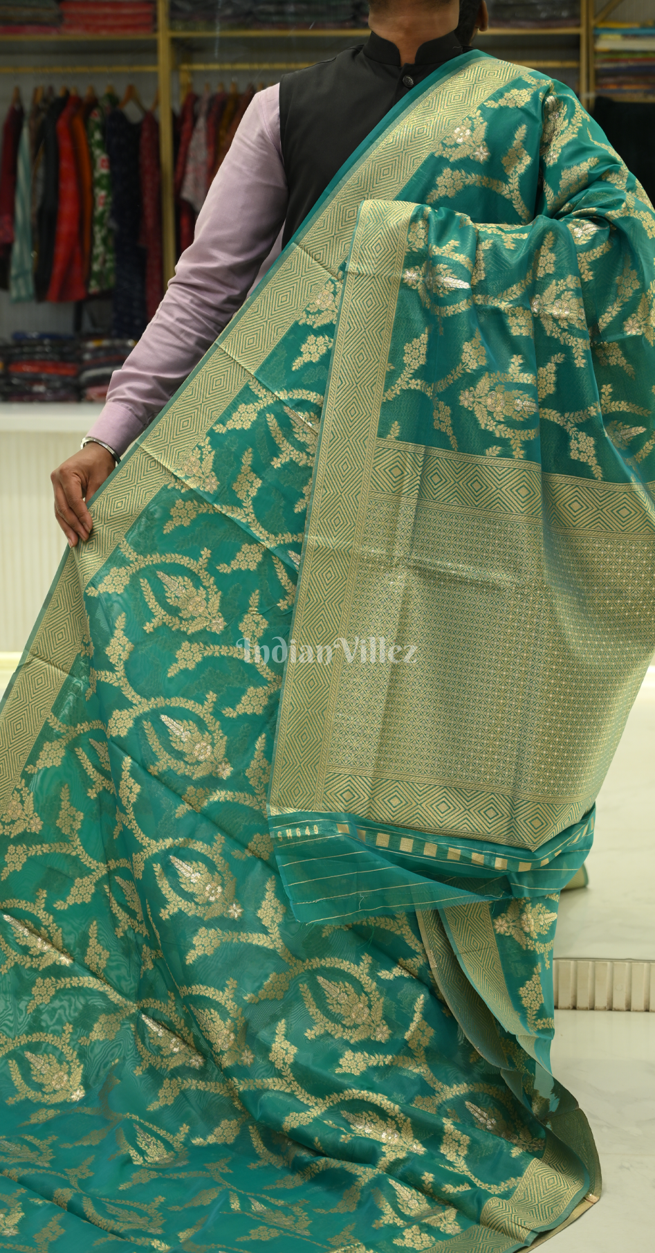 Ocean Green Dual Tone Weaving Organza Saree With Blouse Piece