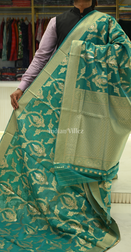 Ocean Green Dual Tone Weaving Organza Saree With Blouse Piece