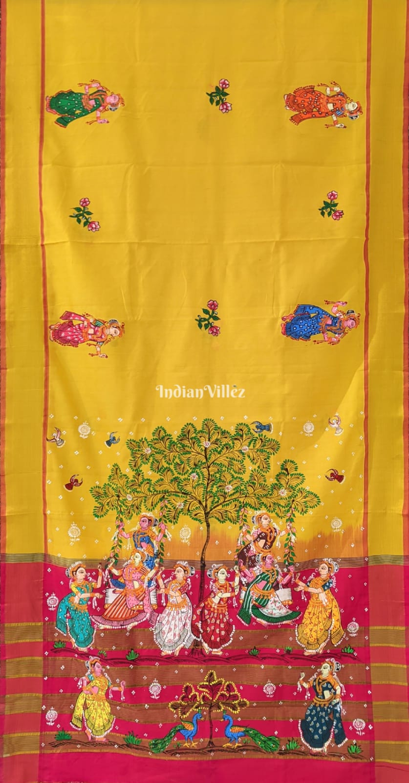 Yellow Raja Theme Pattachitra on South Silk Saree