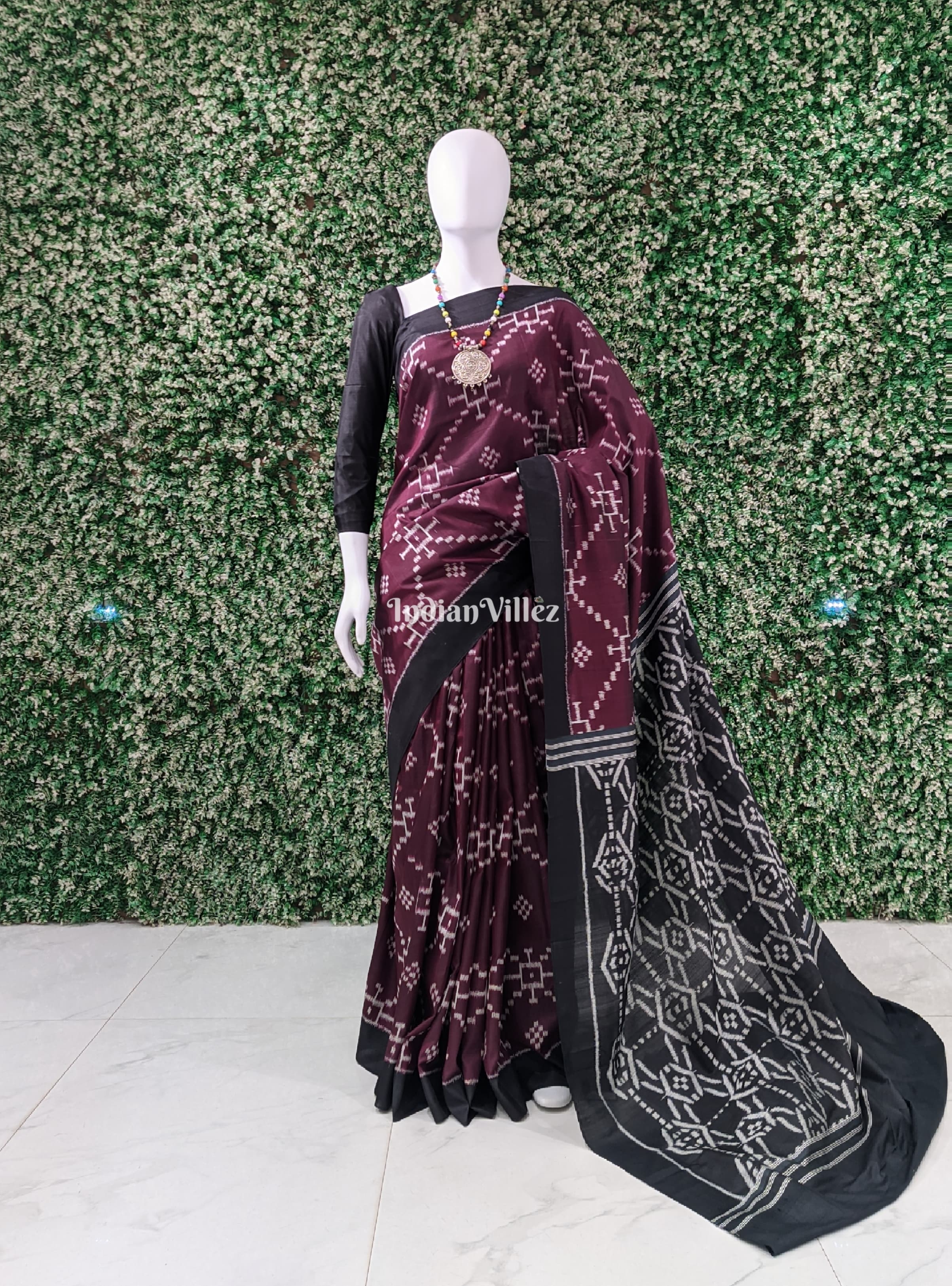 Dark Maroon with Black Pasapali inspired Contemporary Odisha Ikat Silk Saree