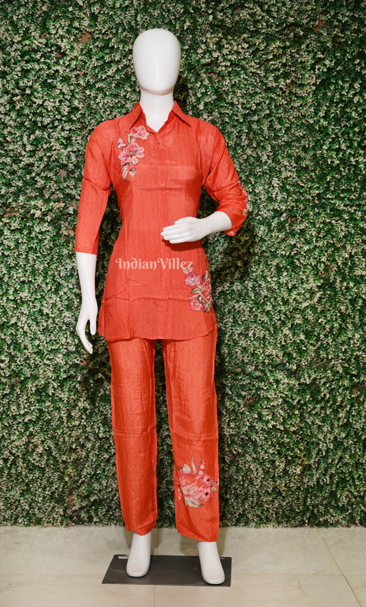 Designer Orange Embroidery Kurta & Pant Set-(Co-Ords Set) 