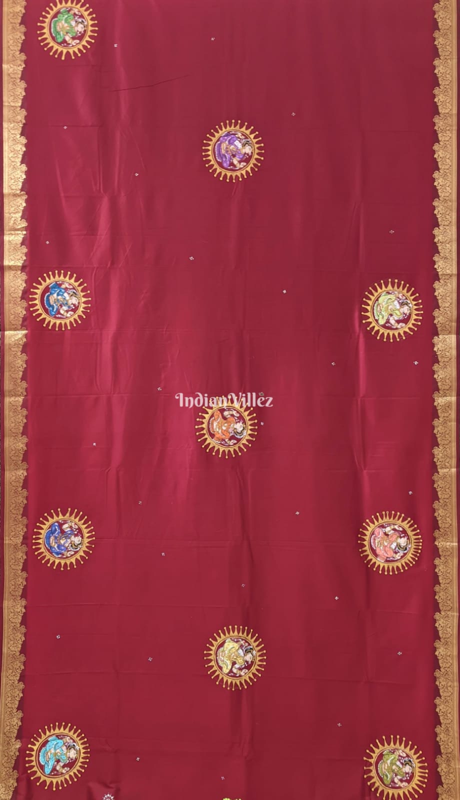 Maroon Radha Krisha Pattachitra Art on Kerala Silk Saree
