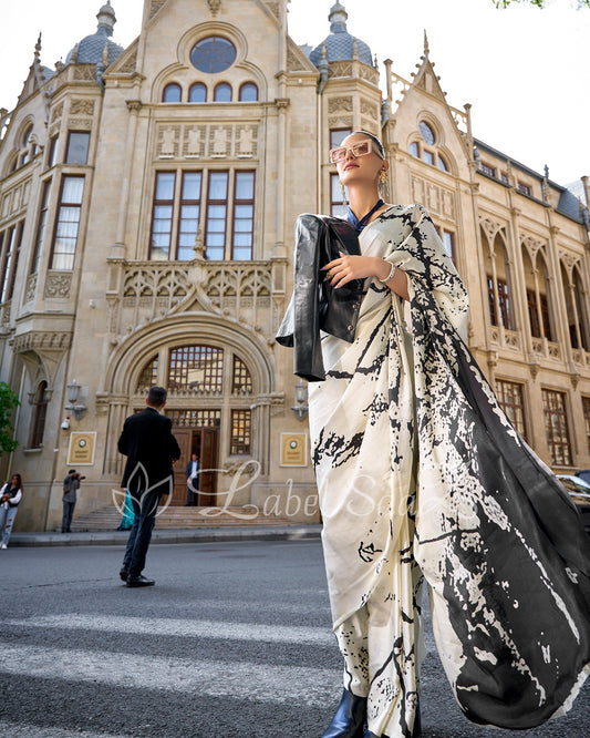 Black White Satya Paul Inspired Printed Satin Crape Sarees