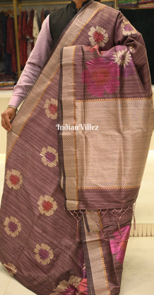 Wine Violet Zari Linen Designer Banarasi Saree - Kalki Koechlin Collection