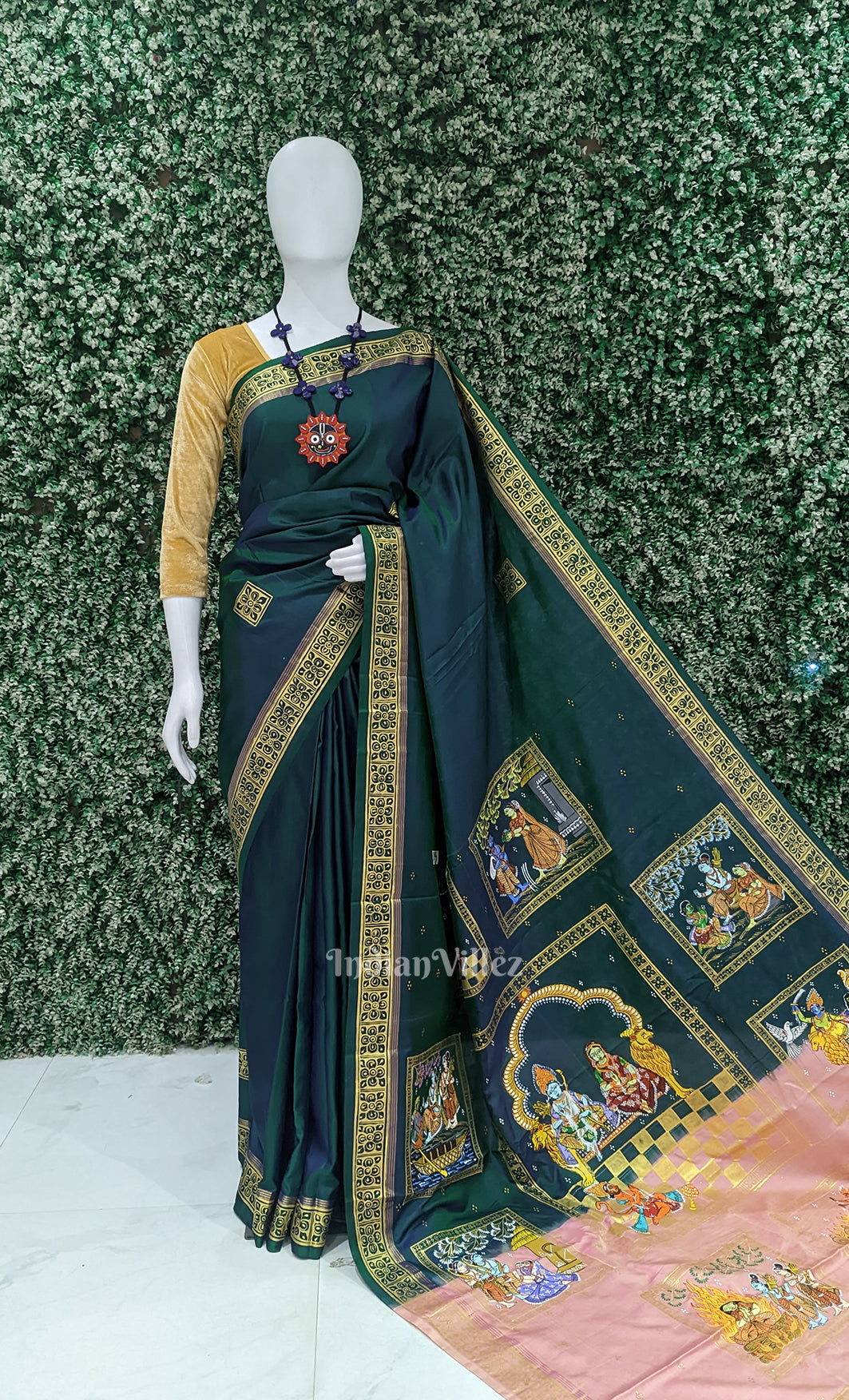 Bottle Green Pink Ramayan Hand- Painted Pattachitra Saree