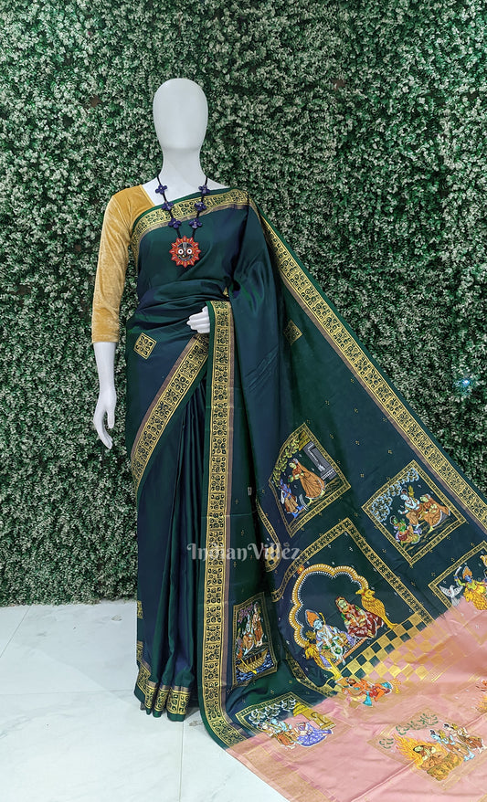 Bottle Green Pink Ramayan Hand- Painted Pattachitra Saree