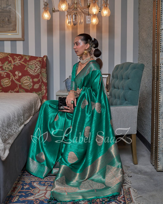 Green Party Designer Tussar Banarasi With Moti Work Saree