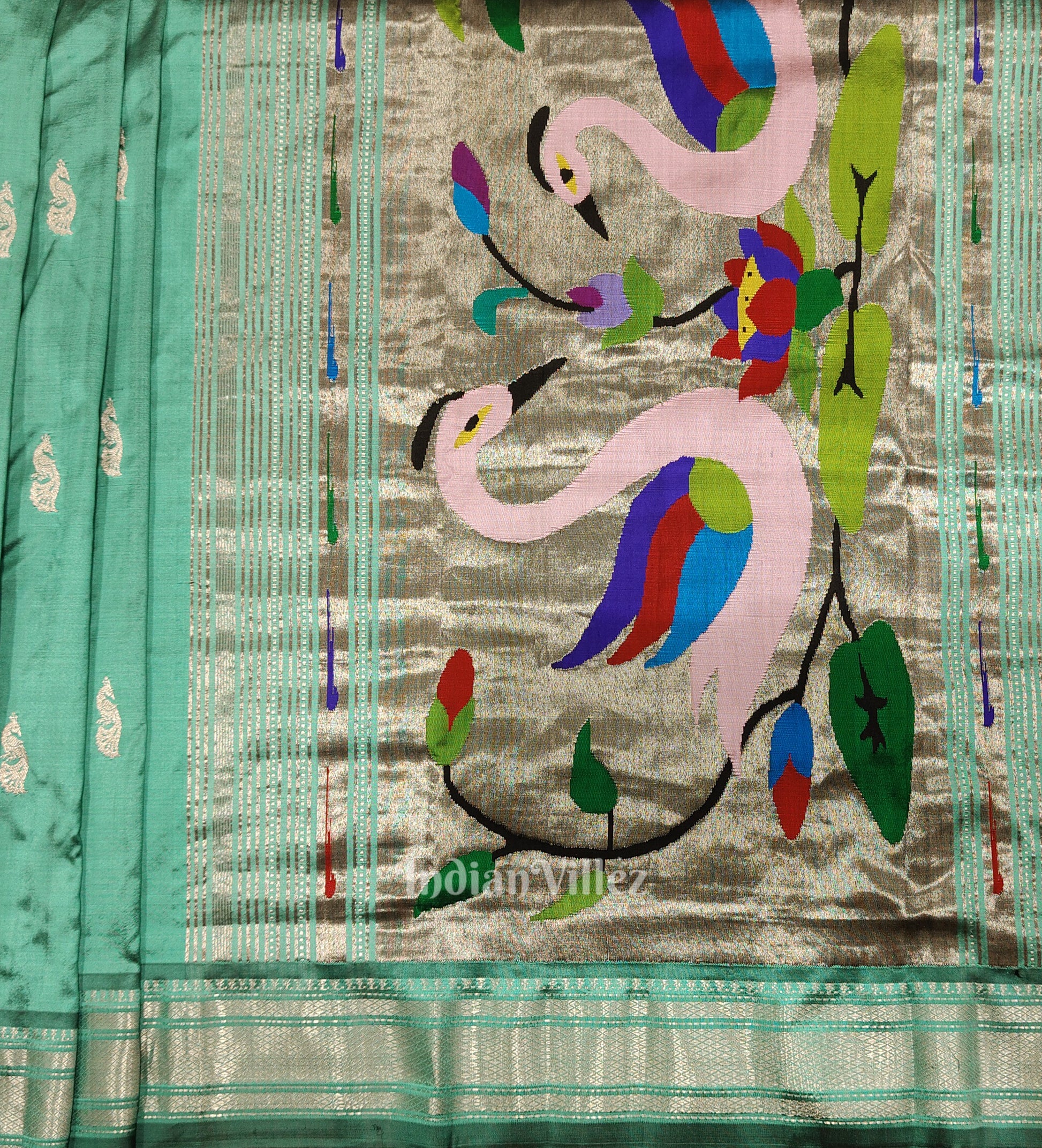 Teal Blue Peacock Butti Silk paithani Saree