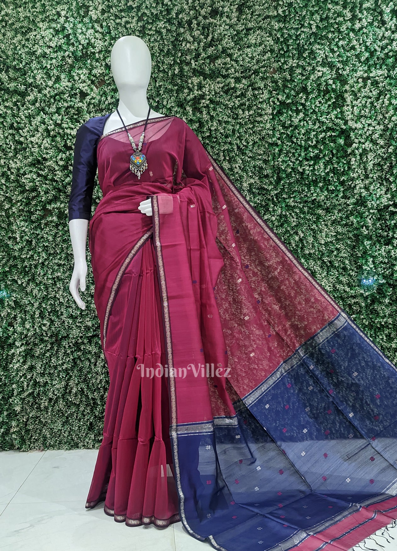Purple Wine with Blue Pure Silk Cotton Maheswari Saree