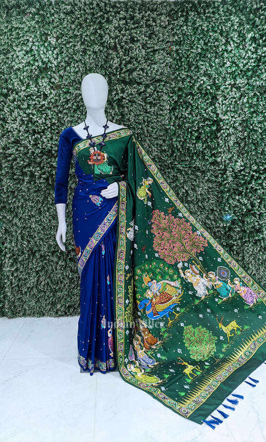 Green Blue Krishna Peacock Design Hand-Painted Pattachitra Saree