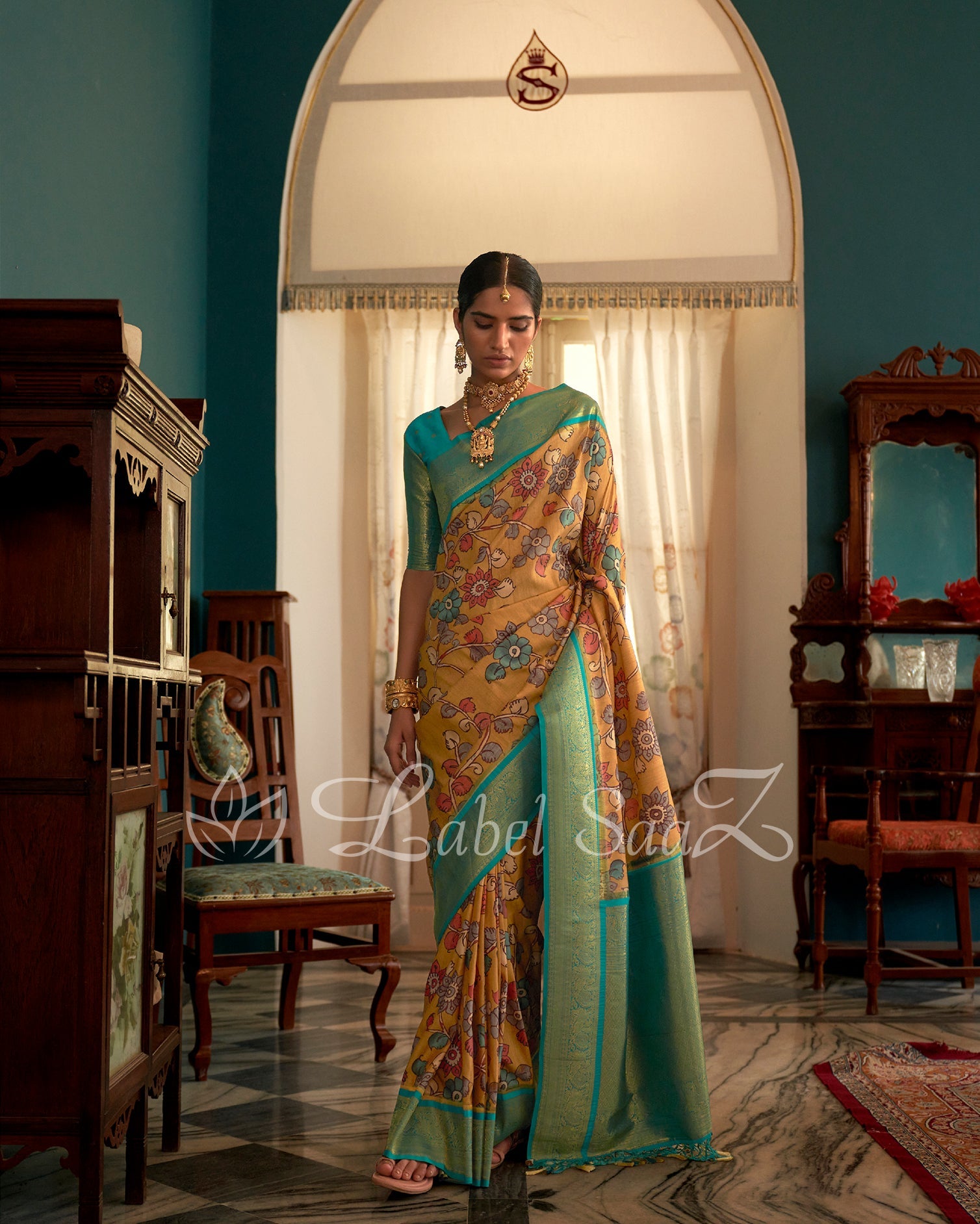 Yellow Green Kalamkari Print on Kanjivaram Silk