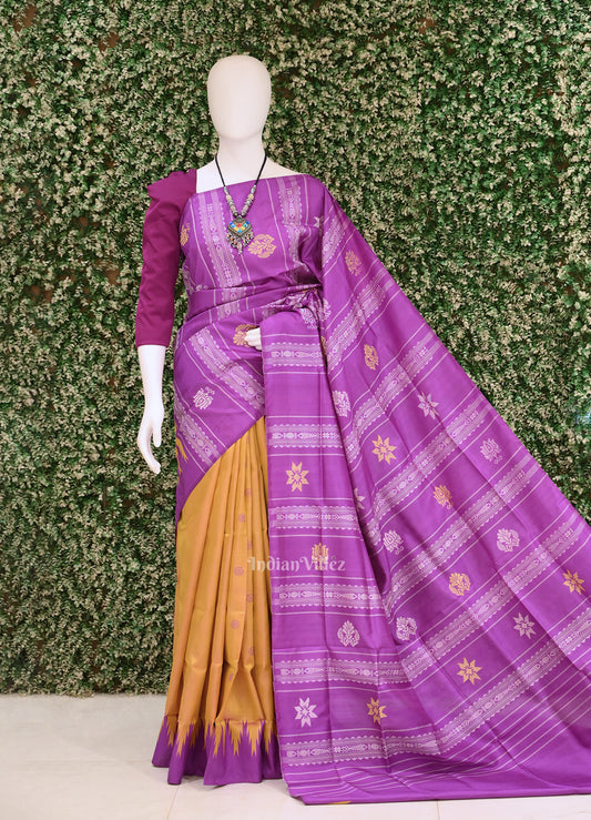 Mustard Yellow Rani Pink Phoda kumbha Border With Double Pallu Berhampuri Silk Saree