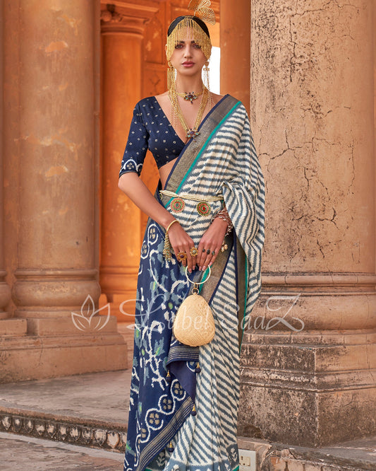 Blue White Strip Leheriya Pochampally Ikat Saree