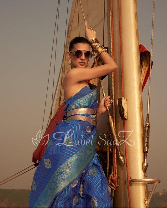 Dark Blue Two Tone Leheriya Banarasi Satin Silk Saree