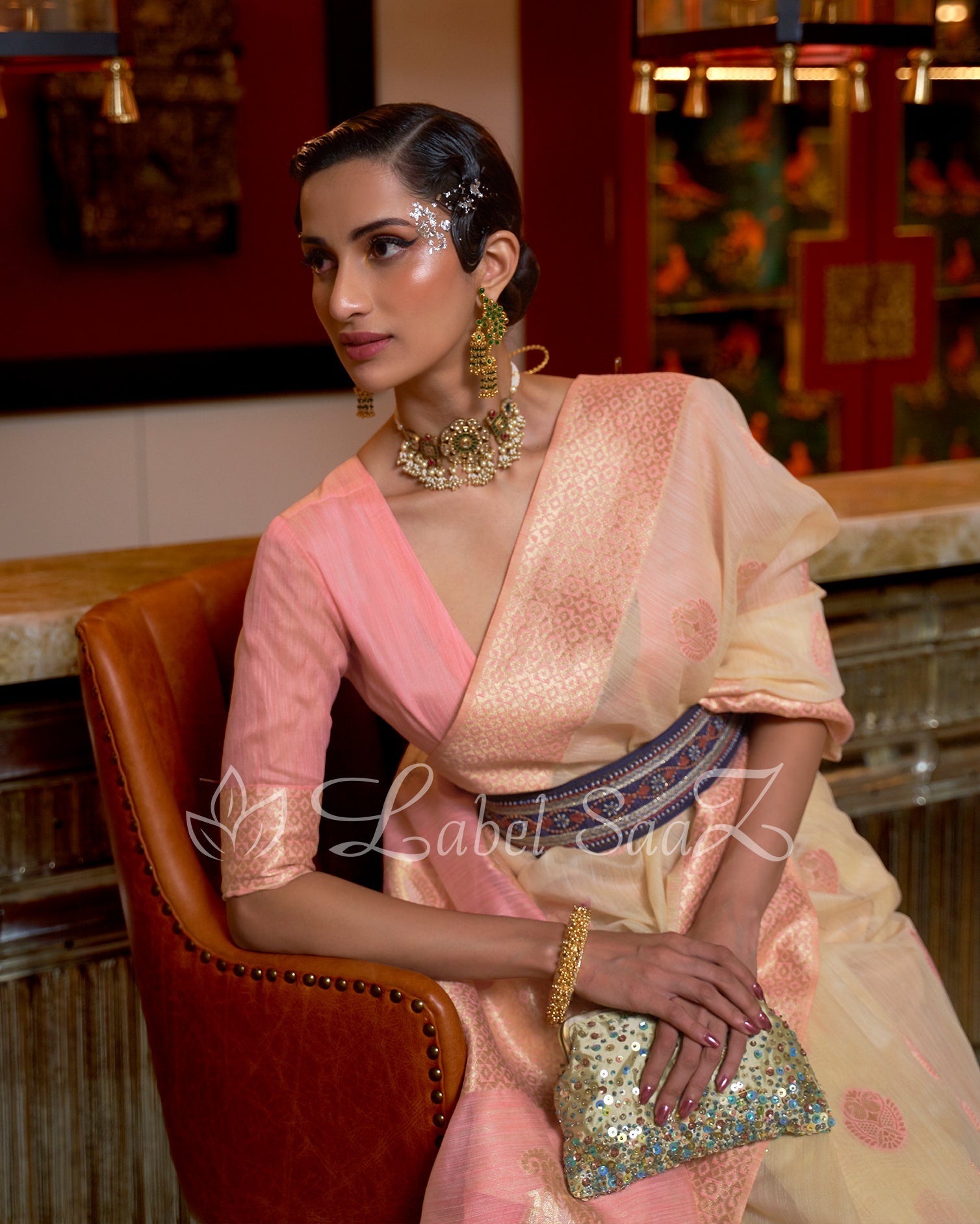 Baby Pink Pure Multicoloured Linen Banarasi Saree