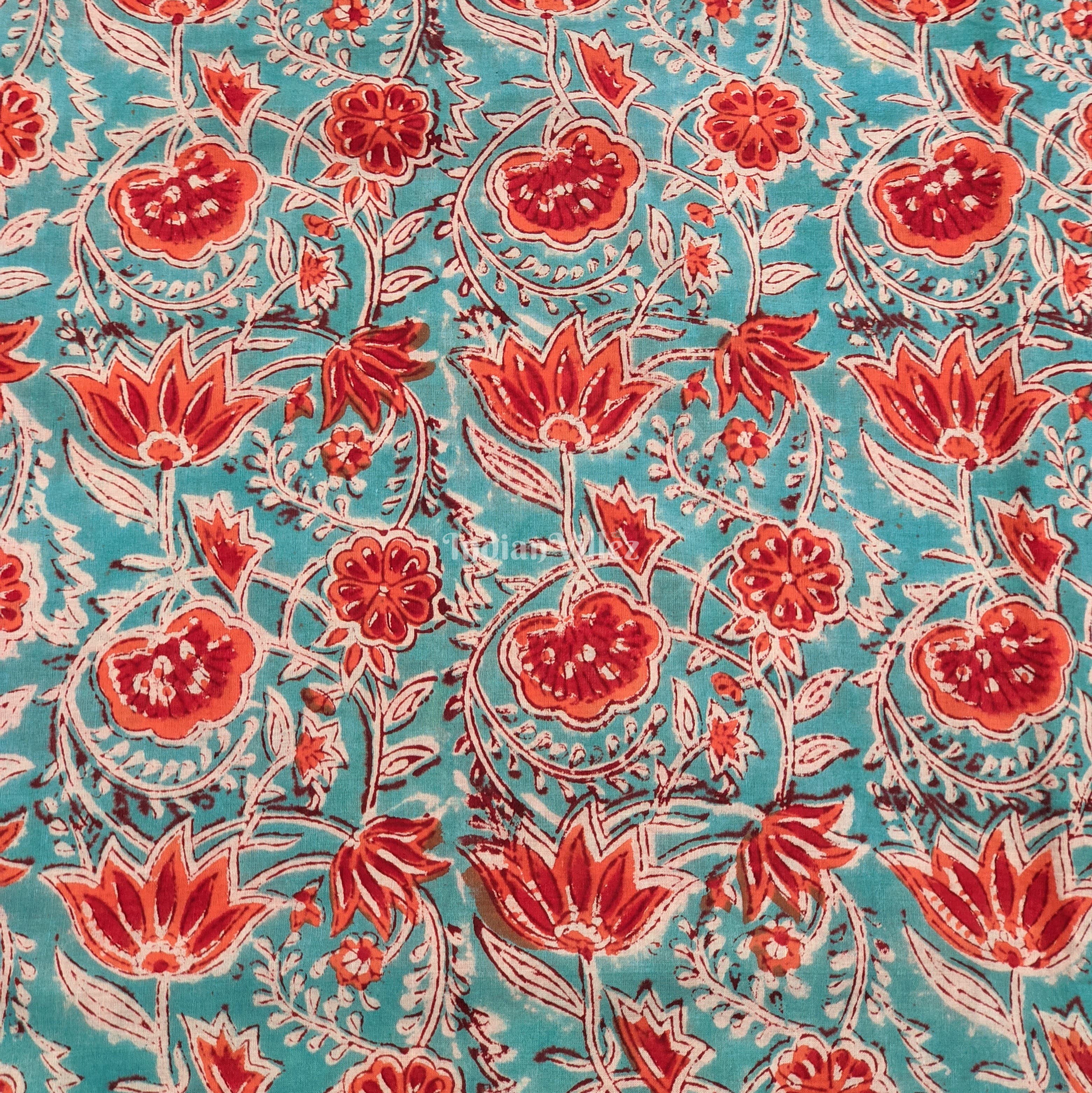Blue Multicolored Floral Hand Block Printed Cotton Fabric