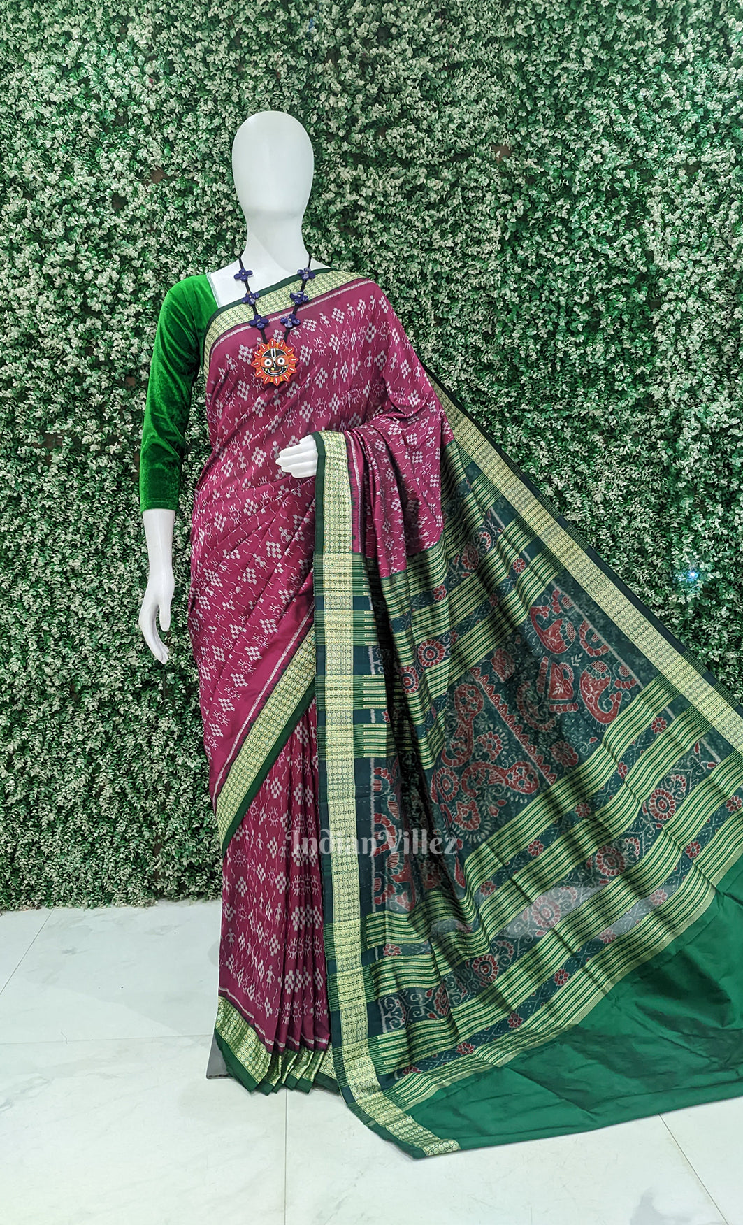 Magenta Pink Green Tribal Theme Odisha Ikat Sambalpuri Silk Saree