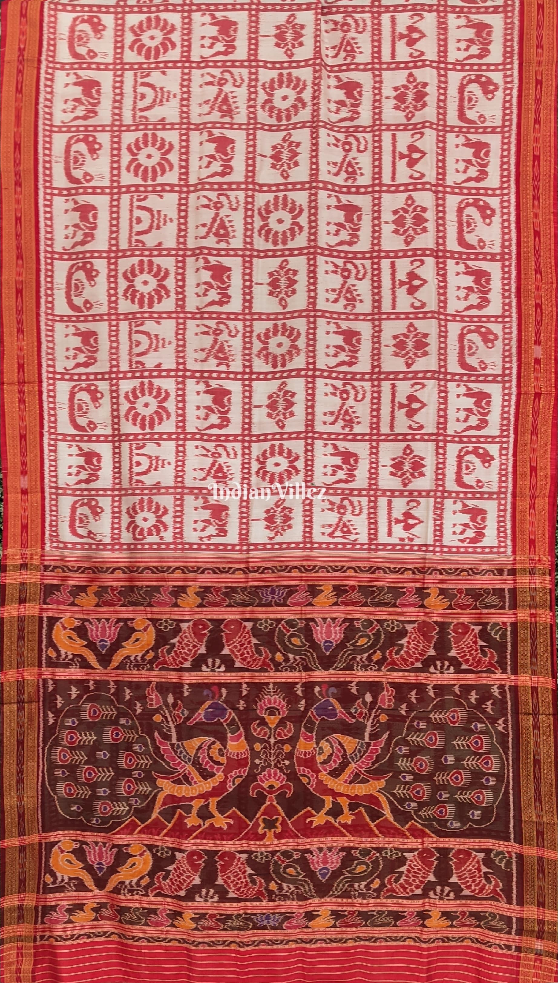 White Elephant Peacock Odisha Ikat Khandua Silk saree