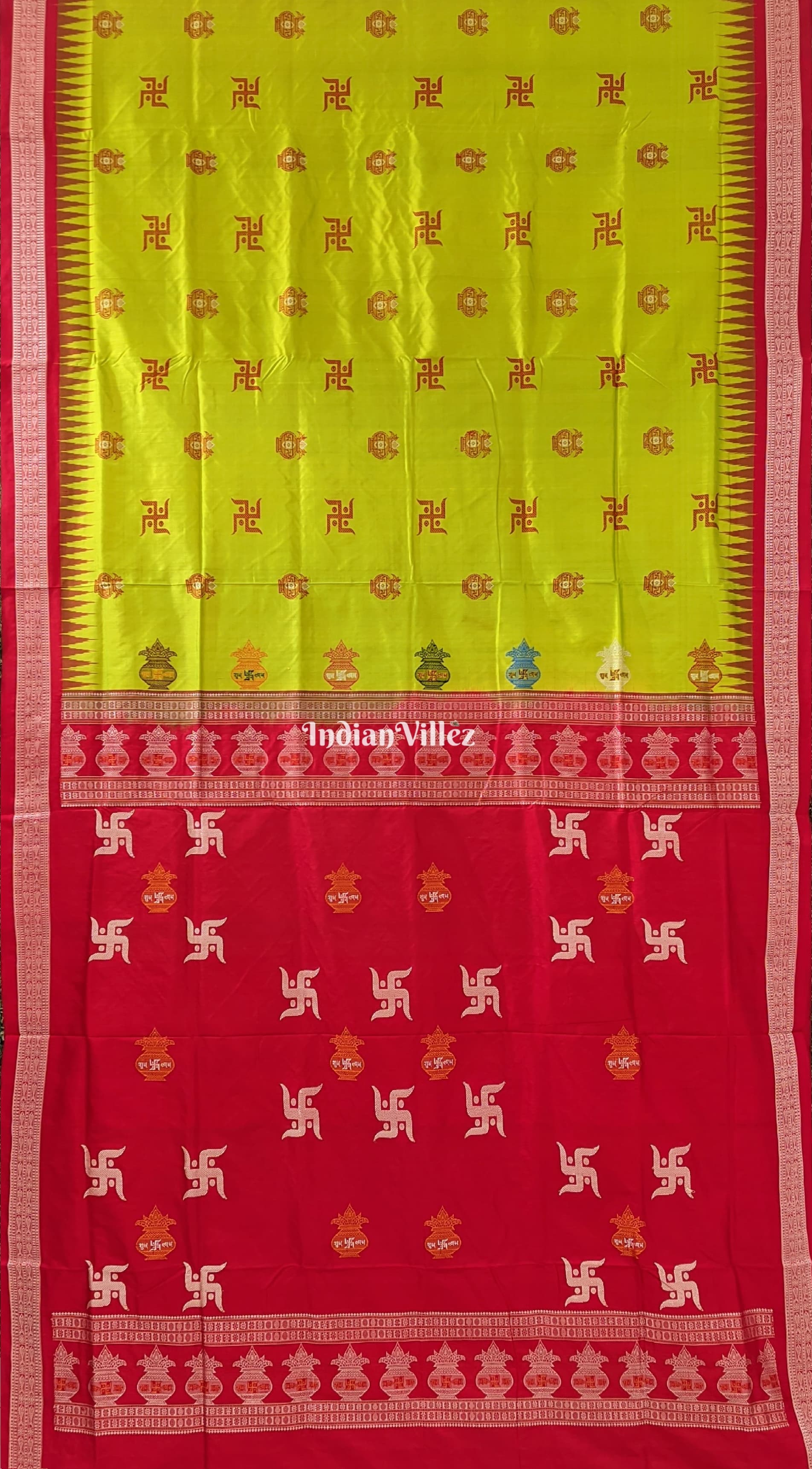 Lime Green & Red Swastik & Kumbha Design Sambalpuri Saree