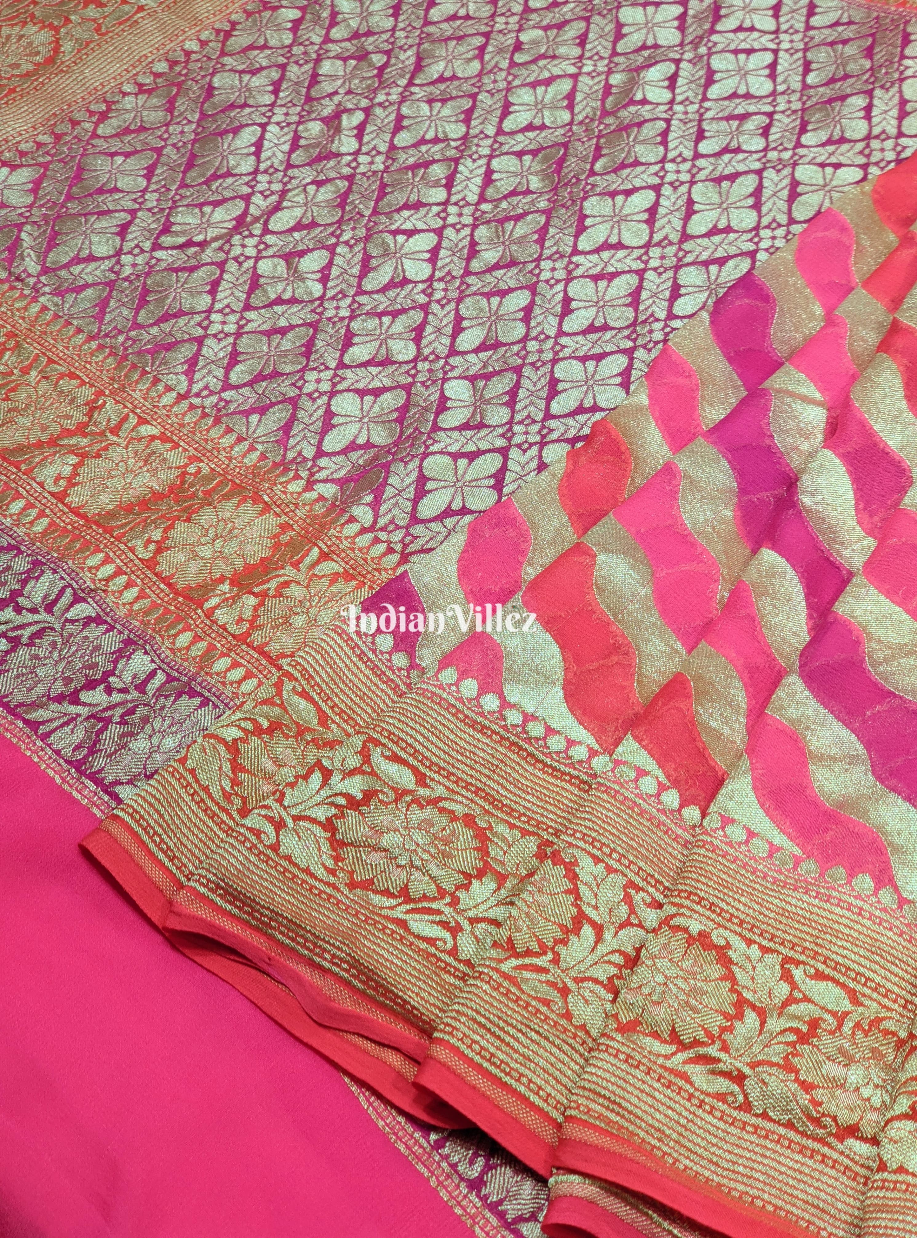 Pink Golden Banarasi Khaddi Georgette Saree