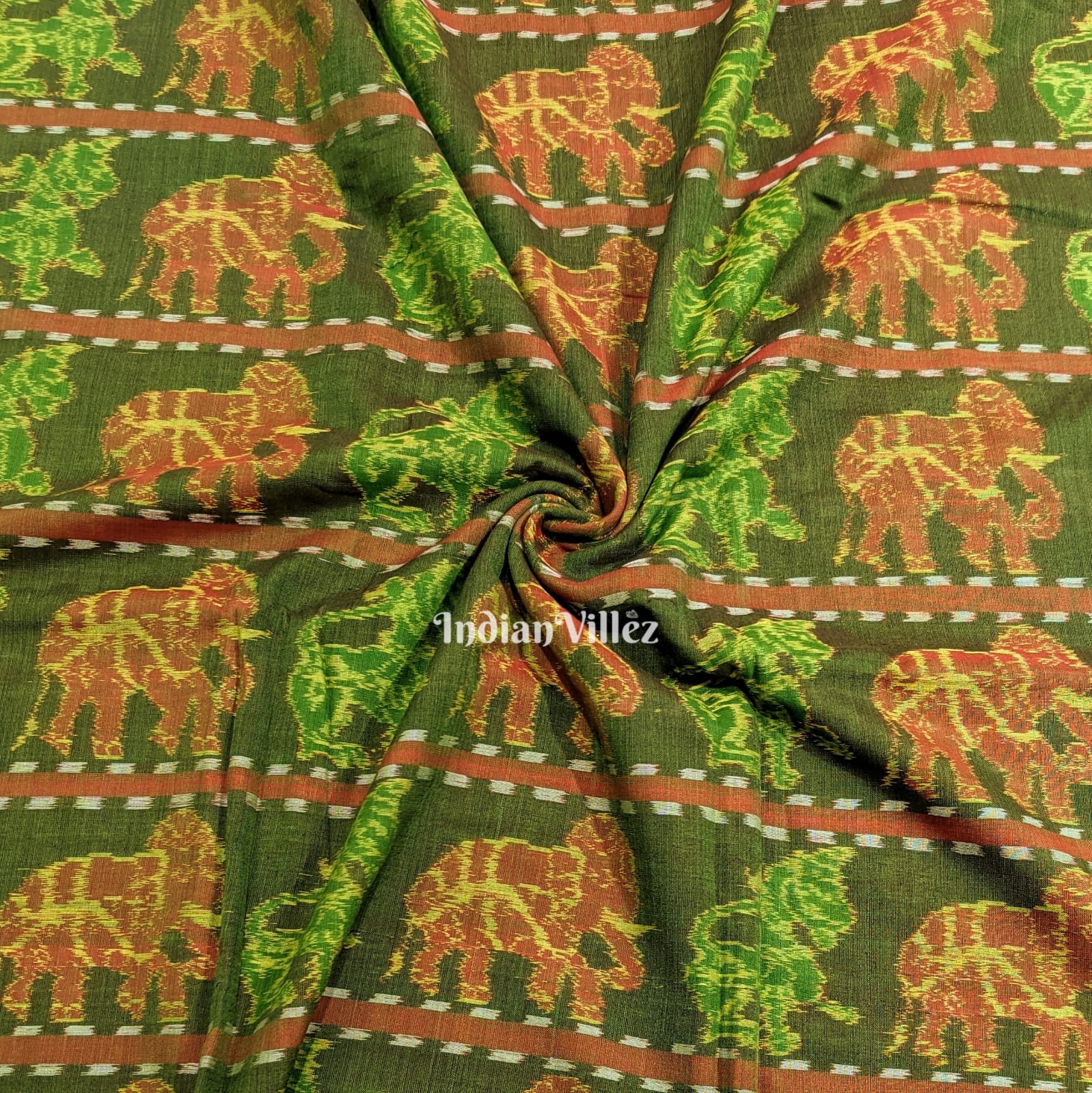 Dual Tone Elephant & Lion Design Sambalpuri Ikat Cotton Fabric